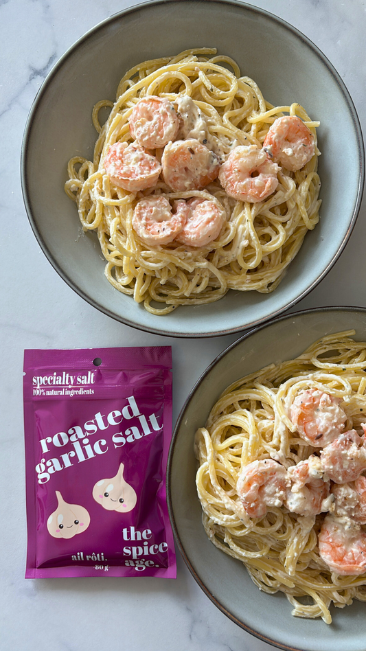 Roasted Garlic Spaghetti With Shrimp & Feta